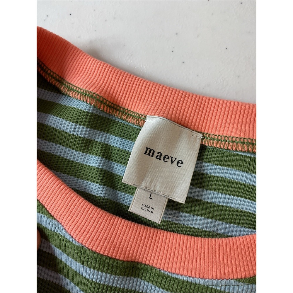 Maeve Green and Cream Striped Puff Sleeve Top with Coral Trim - Picture 5 of 10